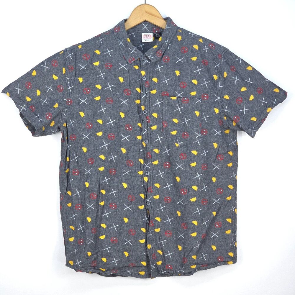 Marvel Deadpool Button Shirt Mens XL Gray AOP Taco All Over Print Nerd Geek Camp